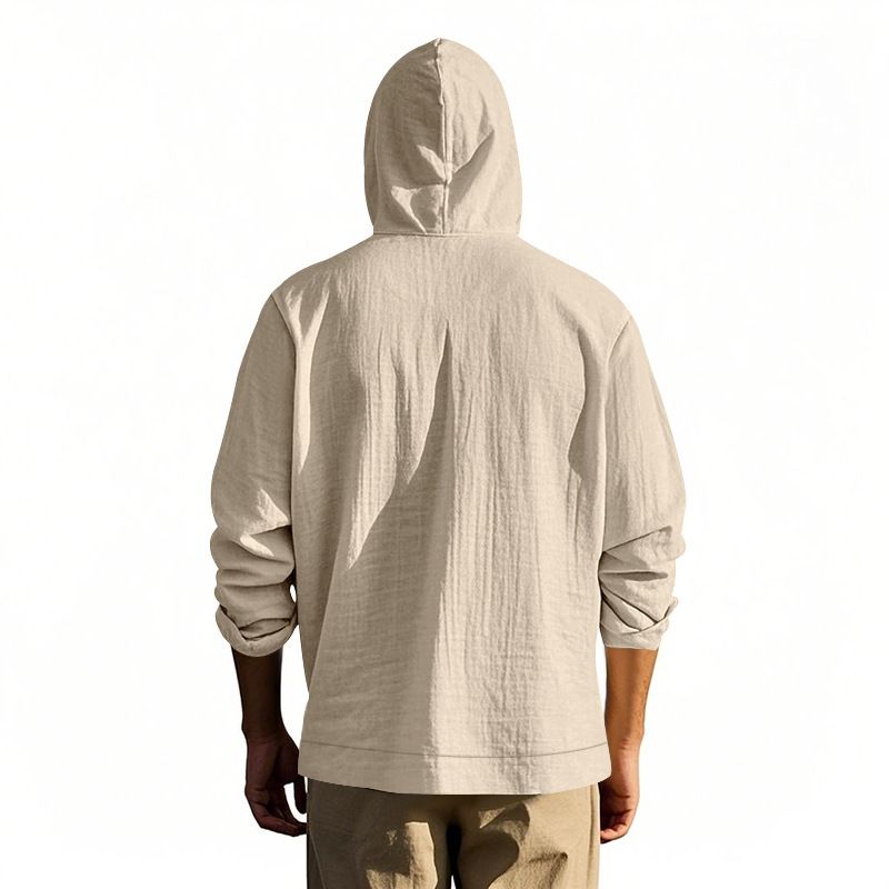 Spring And Autumn American Loose Men's Loose Linen Casual Simple Beach Hooded Long Sleeve Shirt Men_voghion.com