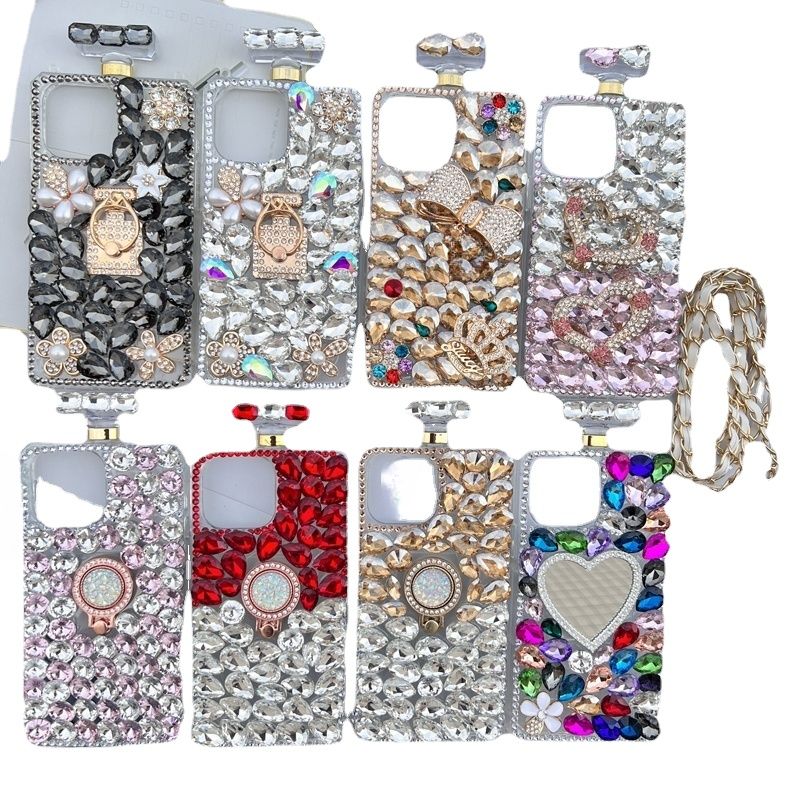 Handmade Perfume Bottle for iPhone 15, Diamond Rhinestone Case with Neck Strap, Bling Glitter Crystal, Shiny Clear_voghion.com