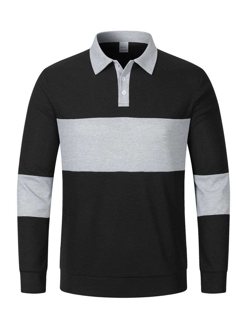 Herren-Poloshirt mit Waffelstrick und Kontrastfarbe, langärmelig – Locker geschnittenes, lässiges Hemd mit Button-Down-Kragen für den Herbst_voghion.com