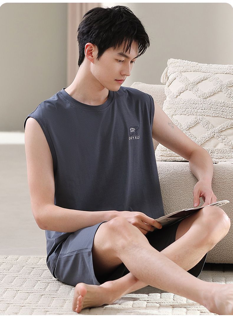 Men's Summer Modal Cotton Vest Set, Sleeveless Home Clothes Can Be Worn Outside, Plus Size Loose Home Two-piece Set-XXL_voghion.com