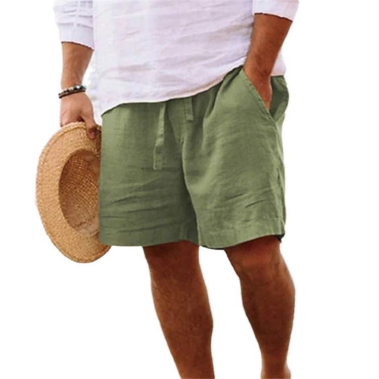 Pantaloncini da uomo, cotone e lino, coulisse estiva, vita elastica, gambe dritte, tinta unita, comodi, traspiranti,_voghion.com