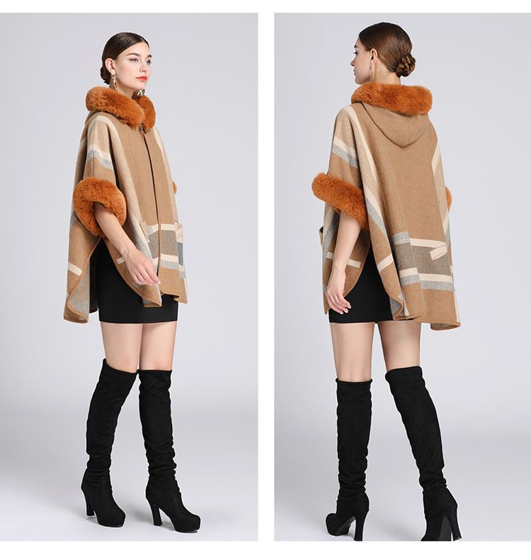 Wollkragen Kapuzenumhang Dame Jacquard Wollmantel Strickjacke Dame_voghion.com