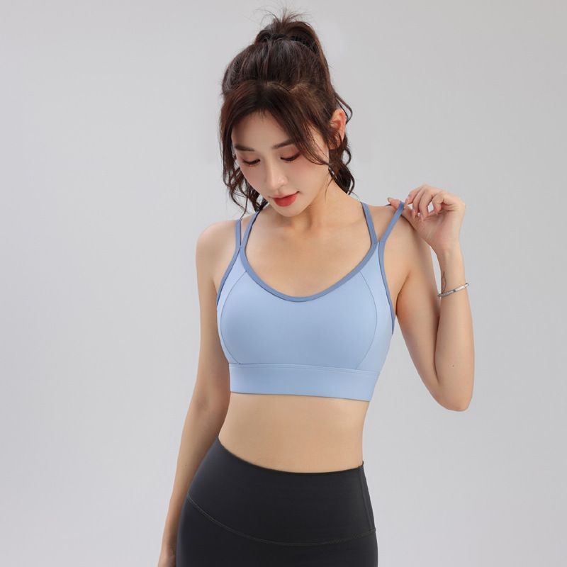 Color Block Splicing Thin Strap Sports For Women Running Shockproof Cross Back One-Piece Outerwear Yoga Bra Summer_voghion.com