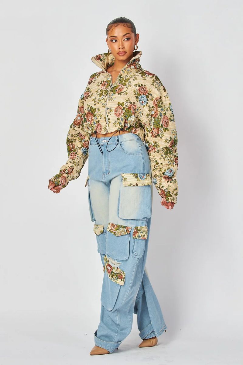 Frauen Kleidung herbst neue mode floral denim overalls anzug_voghion.com