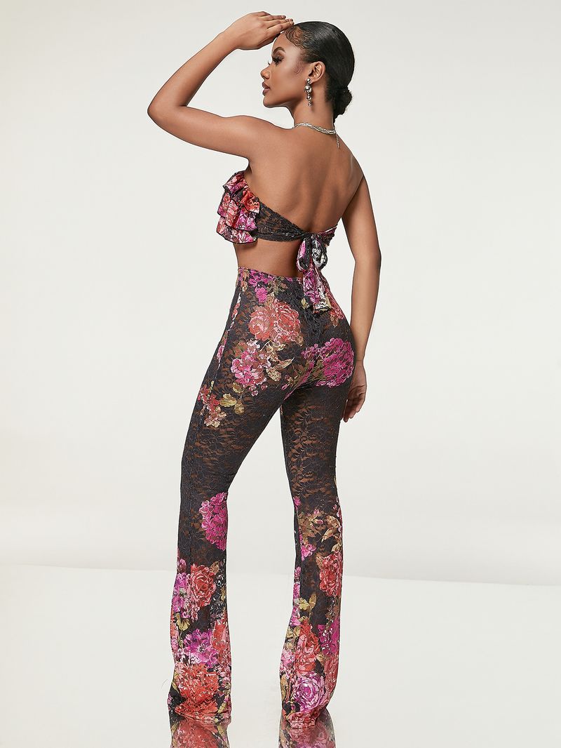 Women's Fashion Super Design Sense Unique Print Tube Top Tight See-through Lace Flared Pants_voghion.com