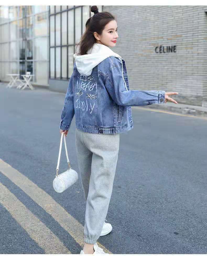 Giacca in denim con cappuccio da donna – Giacca corta slim fit ricamata per primavera e autunno (S-3XL, bianco e indaco)_voghion.com