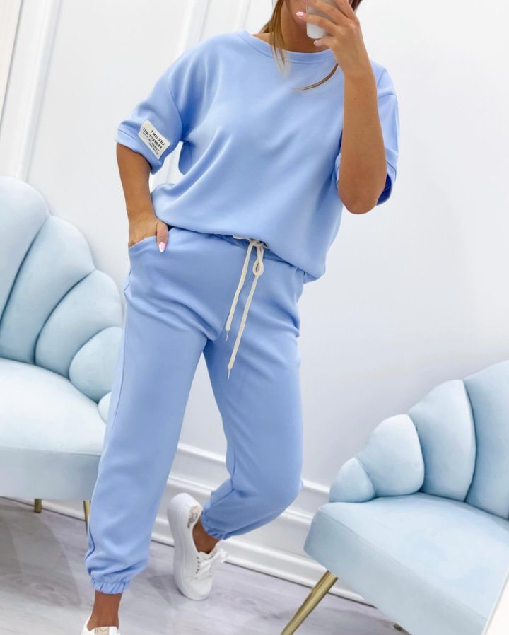 Lässiges, bedrucktes Kurzarm-Lounge-Set für Damen, bequeme, dehnbare Polyesterhose und passendes Oberteil für den Sommer, Übergrößen erhältlich_voghion.com