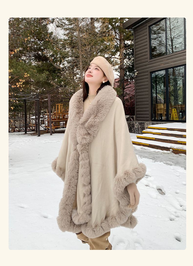 Cardigan oversize in maglia da donna con collo in pelliccia sintetica di coniglio – Caldo cappotto invernale a mantella, vestibilità ampia, stile street (beige/bianco/rosa/nero/grigio/caffè)_voghion.com