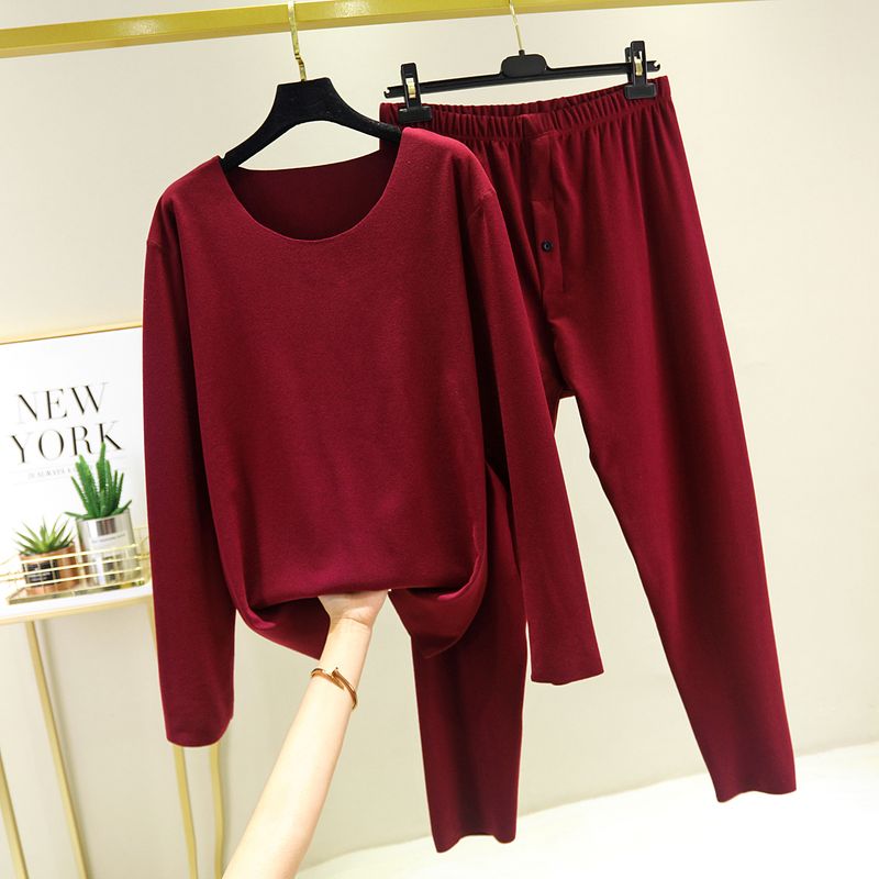 Autumn and winter cationic double-sided velvet solid color suit men's underwear round neck long sleeved pants heating_voghion.com
