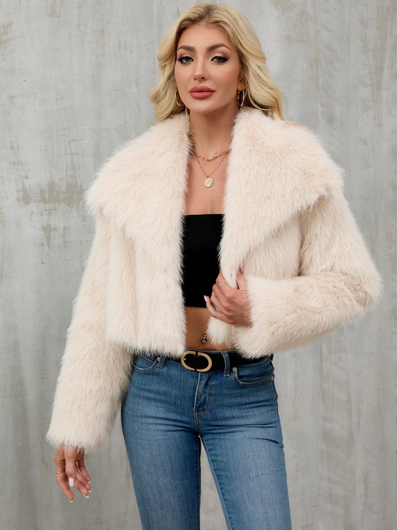 Giacca da donna con collo in pelliccia sintetica – Cappotto corto in peluche con revers alto | Lussuosa e calda (S-XXXL)_voghion.com