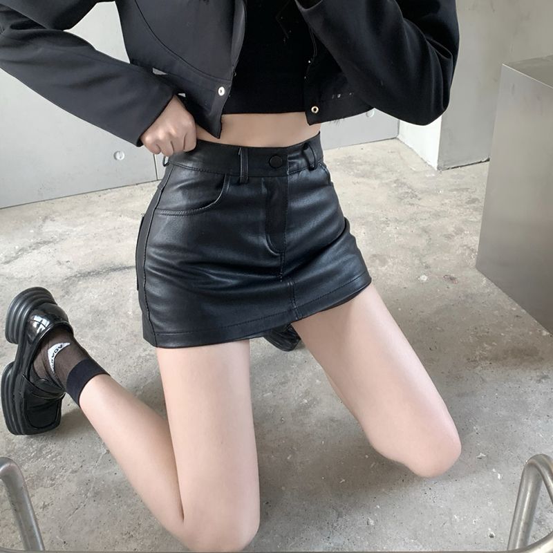 vendita calda estate donne breve retrò sexy sottile vita alta PU pelle antiriflesso mezza lunghezza pantaloni gonna nera_voghion.com