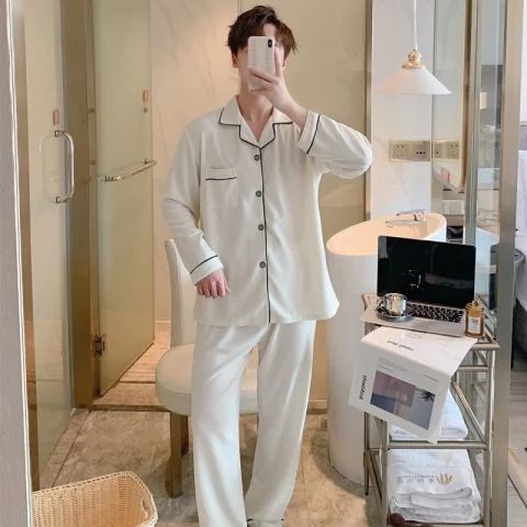 Autumn And Winter Large Size Cardigan Lapel Waffle Pajamas Men's Long Sleeve Suit Loungewear_voghion.com