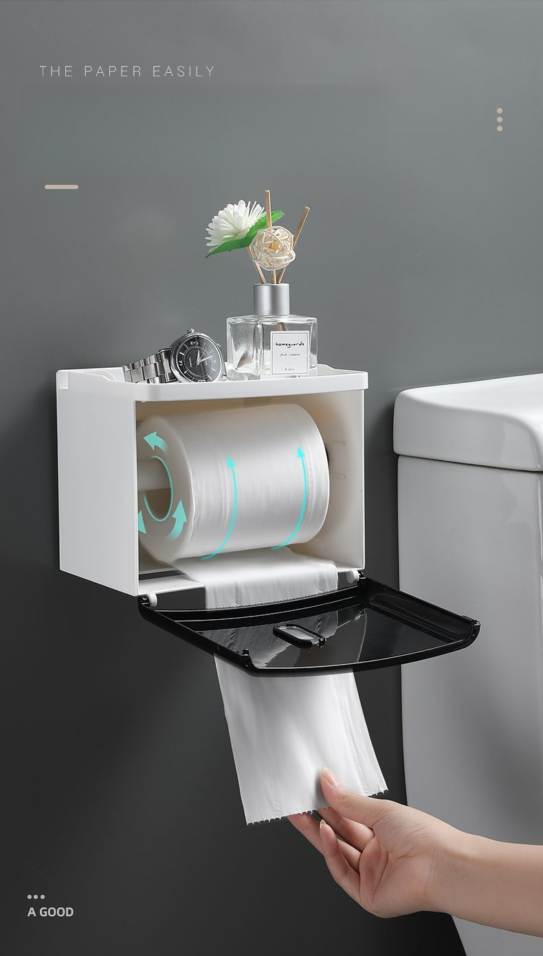 Bathroom Wall-Mounted Waterproof No-Drill Tissue Box Toilet Paper Roll Holder Storage Rack_voghion.com