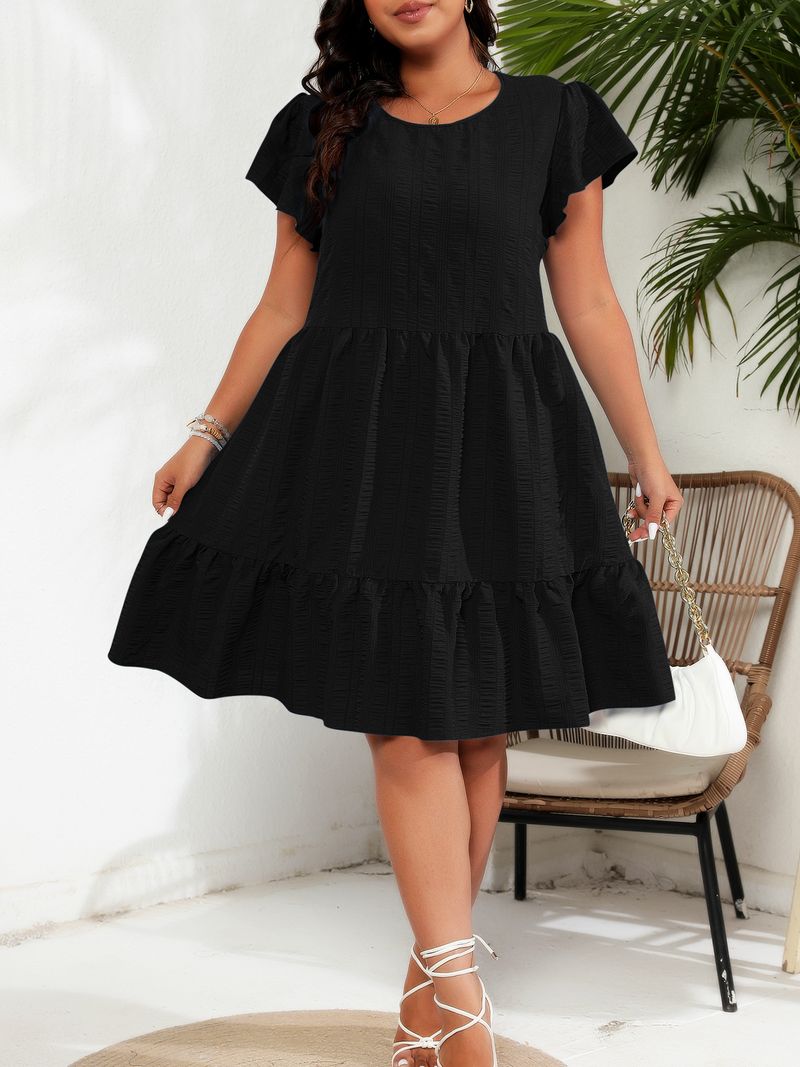 Women's Clothing Large Size Round Neck Lotus Leaf Sleeve Waist Holiday Leisure Temperament Dress_voghion.com
