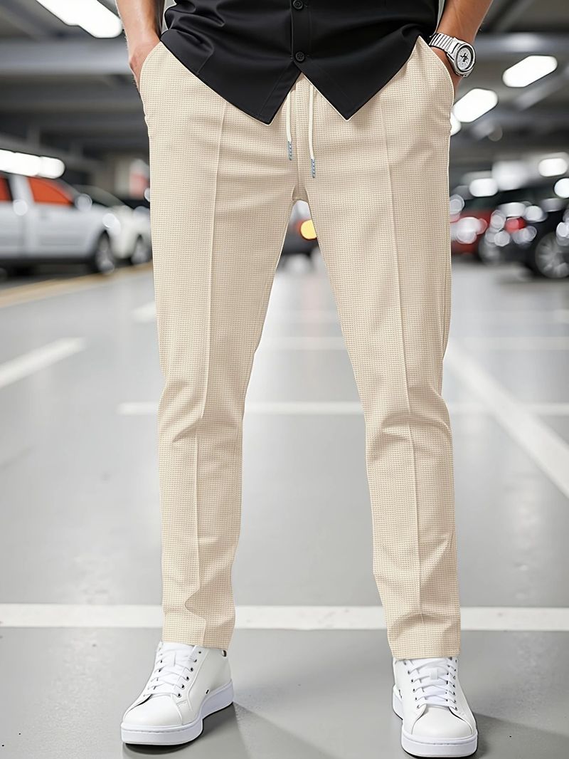 Men's Waffle-Knit Casual Pants -Straight Leg Lounge Pants With Drawstring (White/Grey/Black/Blue/Khaki) - Spring & Fall Essential S-XXXL_voghion.com