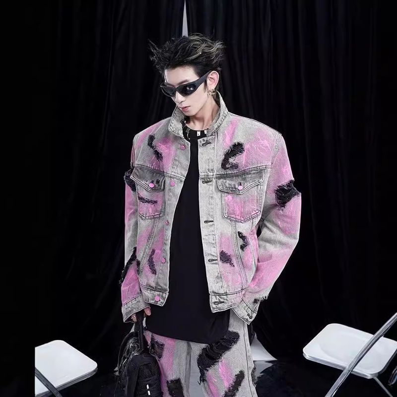 Suitable For All Seasons Post-Apocalyptic Style Men's Denim Street Graffiti Washed Vintage Distressed Spring Autumn Shoulder Pad Jacket Unisex_voghion.com