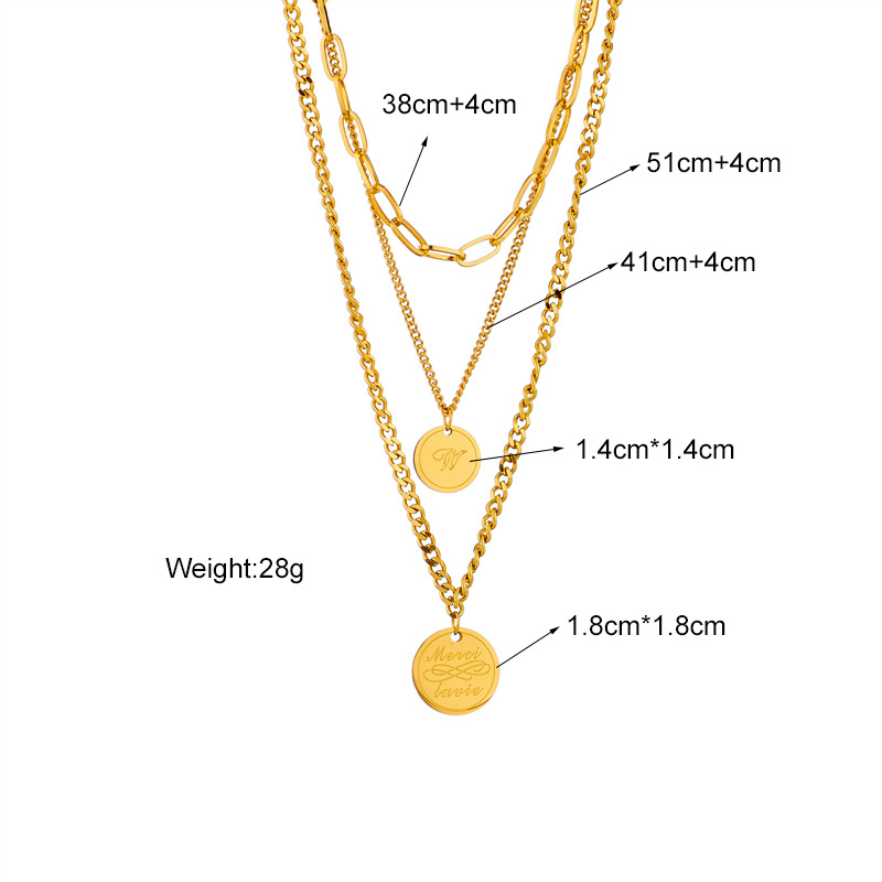 European and American cross-border fashion simple multi-layer retro stacking metal titanium steel engraved round pendant jewelry clavicle necklace_voghion.com