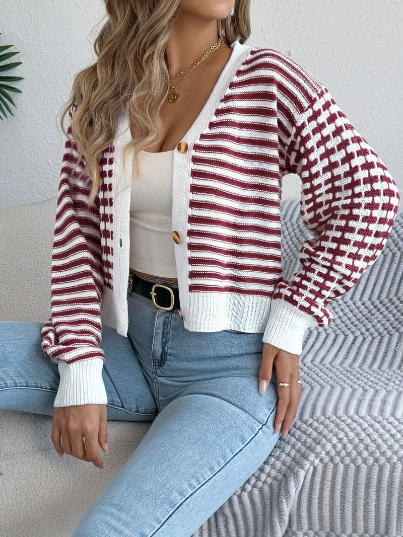 Cardigan a maniche a pipistrello con scollo a V e righe a contrasto da donna - Maglia corta autunno/inverno (cachi, bordeaux, nero)_voghion.com