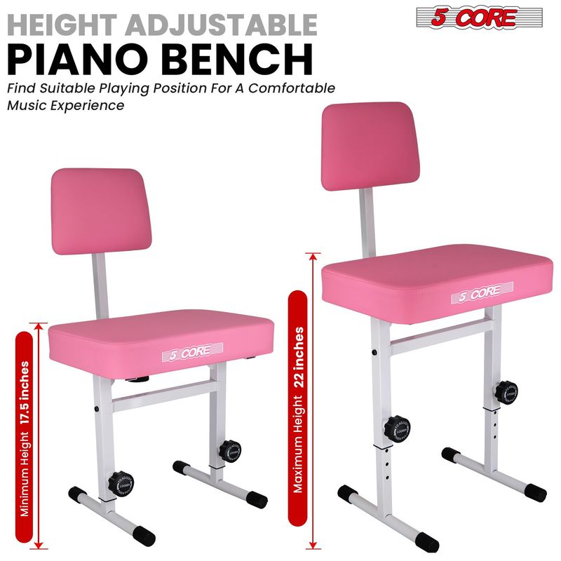 5 CORE Piano Bench Height Adjustable Keyboard Stool Stool Heavy Duty Thick Padded Cushioned Seat With Backrest - PNB B-REST PNK_voghion.com