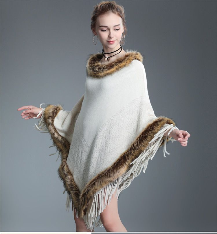 Fur collar shawl cape tassel knitted pullover fur cape woman_voghion.com