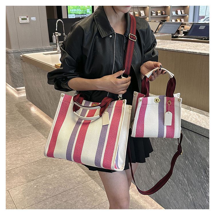 Borsa tote da donna, borsa tote a mano alla moda a righe da donna, borsa a tracolla monospalla in tela color-block di grande capacità_voghion.com
