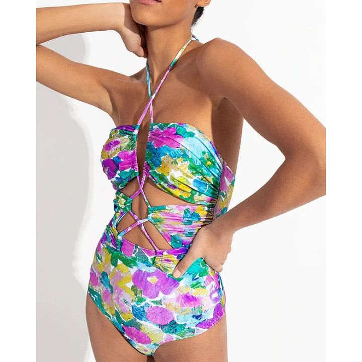 Maillot de bain une pièce pour femme, ensemble maillot de bain une pièce à imprimé ajouré, col licou et jupe parapluie_voghion.com