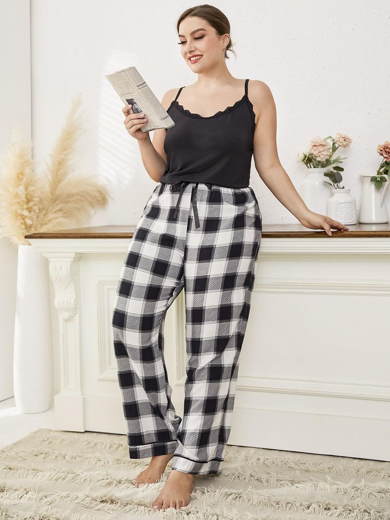 Pigiama taglie forti con canotta in pizzo scozzese, completo da donna_voghion.com