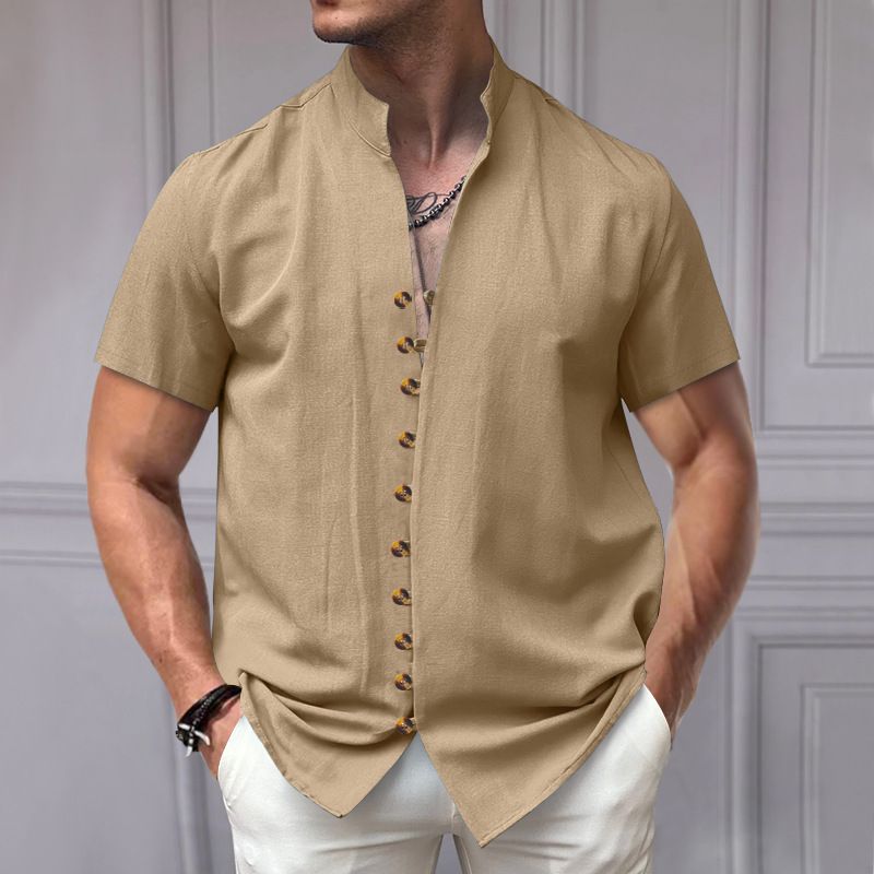 Maglietta da uomo nuova, vintage, in lino, con bottoni, colletto e maniche corte_voghion.com