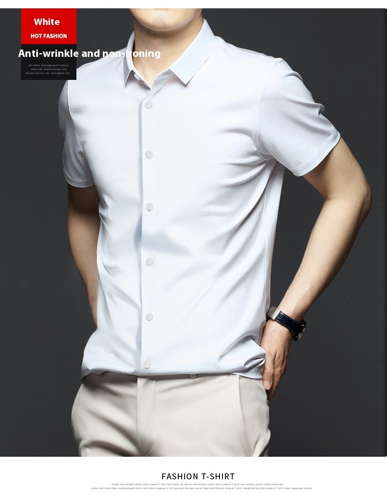 White men's short sleeved summer new silk ice feeg no iron high-end business wrinkle resistant inch shirt_voghion.com
