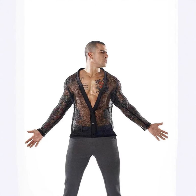 Polo a maniche lunghe con cardigan in rete trasparente tinta unita, casual, da uomo, estate 2024, di qualità imbattibile_voghion.com