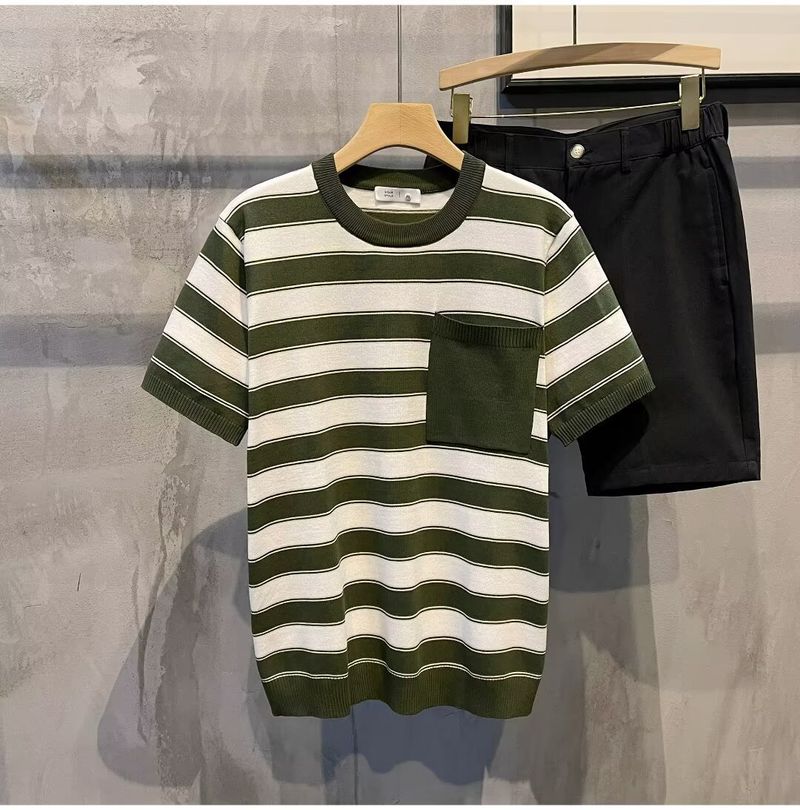 Herrenbekleidung Rundhals-Streifenpullover Herren Kurzarm-T-Shirt Tops Herren 2024 Sommer neues Design lässig vielseitig_voghion.com