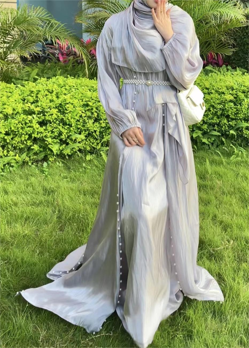 Verve Puff Sleeve Beaded Cardigan With Sleeveless Inner Two-Piece Set Flowing Sheer Long Dress_voghion.com