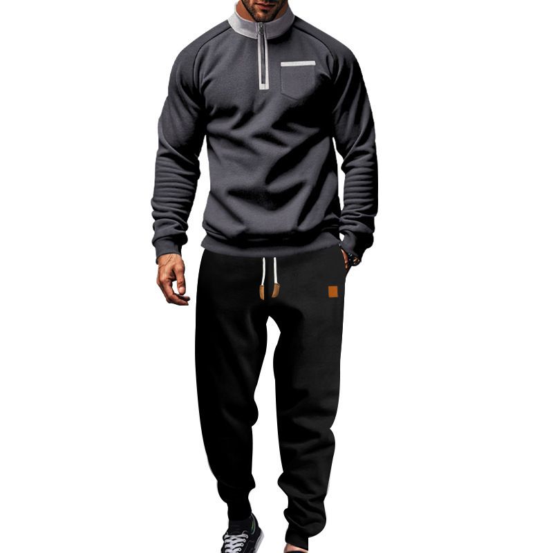 Tuta da uomo in pile con cerniera a un quarto, con cappuccio e pantaloni della tuta aderenti (bordeaux/nero/carbone/blu navy/grigio chiaro)_voghion.com