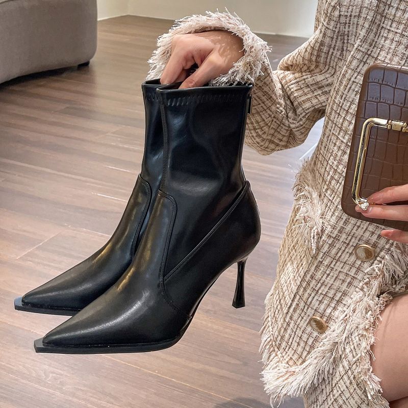 Stivali alti alla caviglia con punta a punta marrone da donna, primavera e autunno 2025, con patchwork, tacco sottile e sottile_voghion.com