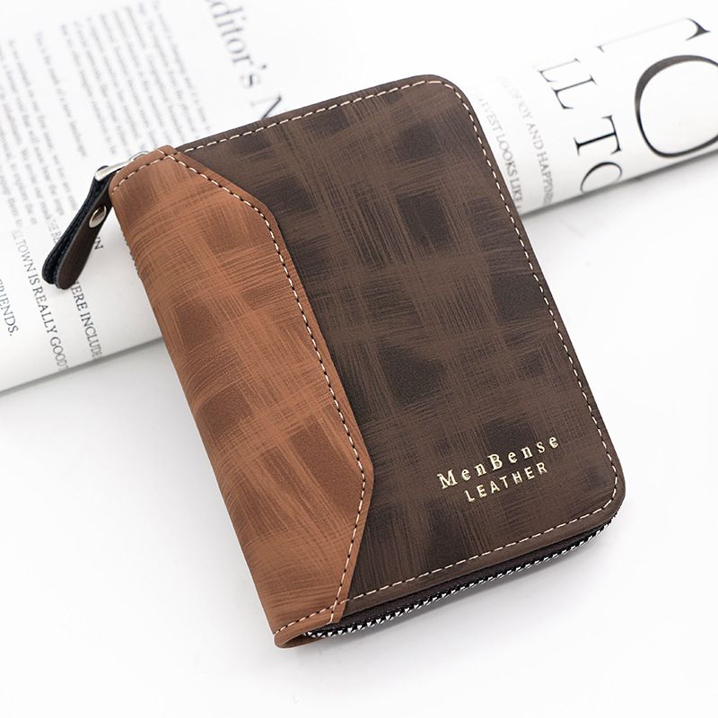 Mode Patchwork Matte Herren Kurze Kette Brieftasche Gold Gestempelt Brief Vertikale Geldbörse Karte Halter Münzclip_voghion.com