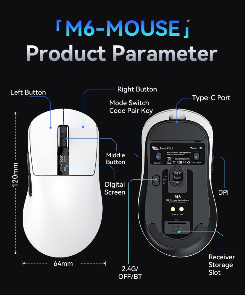 Mouse sem fio Bluetooth para jogos Smailwolf M6 com sensor PAW3311, comutação de três modos, magnético_voghion.com