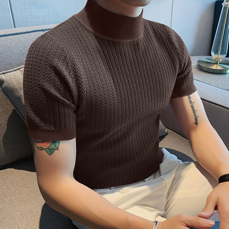 2023 sommer Neue Casual Einfache Gestrickte Unten Hemd für männer Hohe Kragen Wasser Welle Einfarbig T-shirt_voghion.com