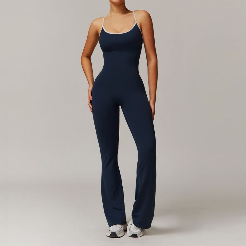 LazyZoom ZeChuang Bare Sensation Cross Back Yoga Gathered Flare Running Sports Fitness Bell Bottom Jumpsuit 3013_voghion.com