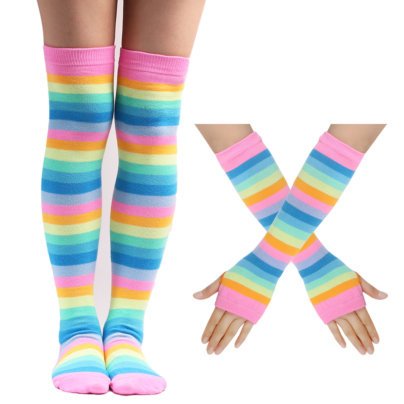 Regenbogensocken, hohe Socken, Kniestrümpfe aus Baumwolle, bunt gestreifte Handschuhe für Damen, Party-Requisiten-Set_voghion.com