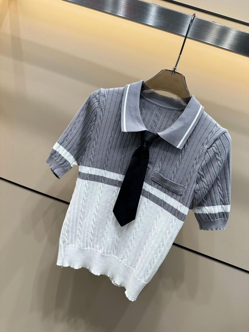 25th Summer New College Style Basic Knitted Pullover Short Sleeve Half Skirt Women's Two-Piece Set With Tie_voghion.com