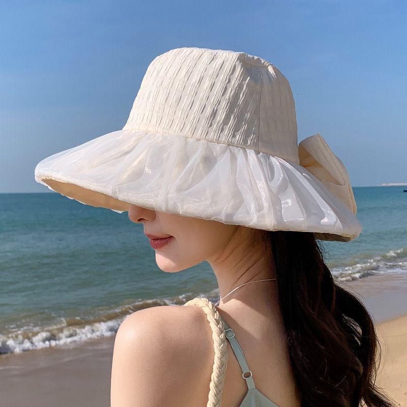 2025 Neuer Mesh-Eimerhut für Damen mit Schleife, Sonnenschutz, Sonnenhut mit großer Traufe, UV-Schutz_voghion.com