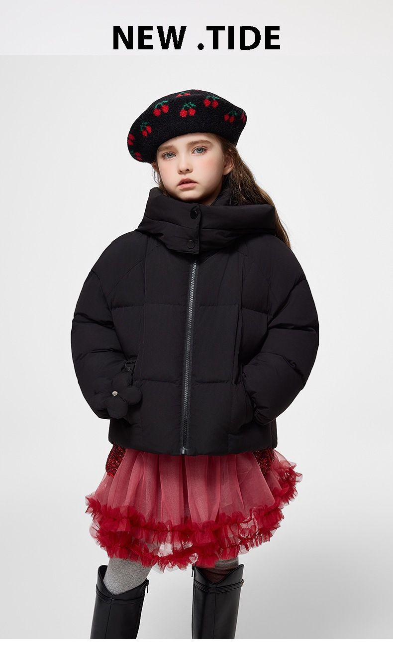 Piumino invernale per bambini con cappuccio, caldo cappotto corto in piuma d'oca per ragazze, imbottitura in piuma d'anatra bianca all'86%-90%, morbido ed elegante, rosa/viola/beige/nero_voghion.com