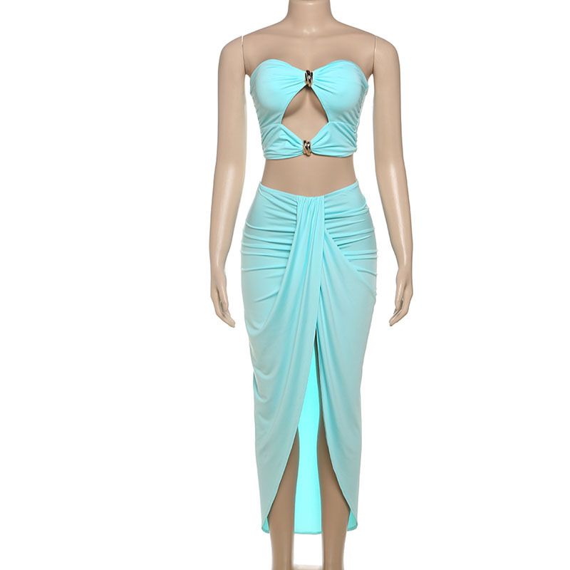 Naisten vaatteet kesällä uusi ontto selkämys putkitoppi korkea vyötärö yksivärinen halkiohamepuku naisille_voghion.com