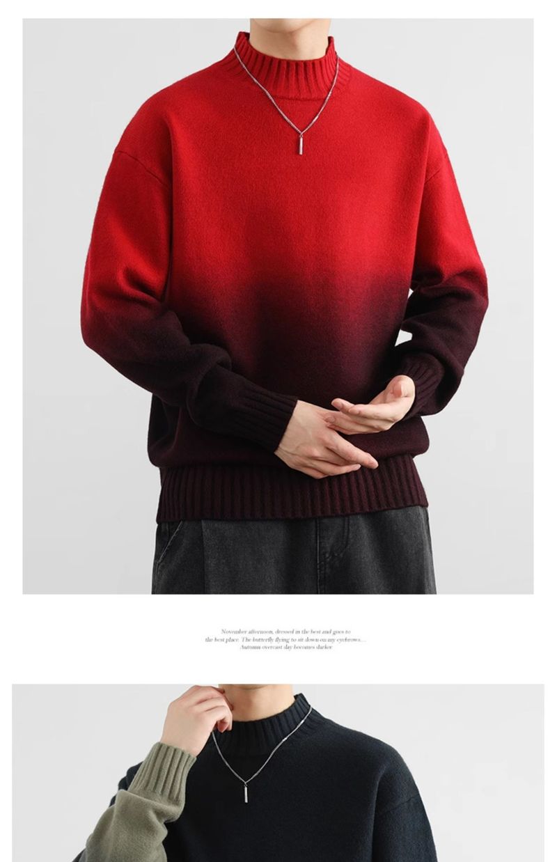 Herren-Strickpullover mit Ombré-Muster – Halbrollkragen, lockere Passform, Stretch-Polyestermischung (Armeegrün/Blaugrau/Beige/Dunkelgrün/Chinarot)_voghion.com