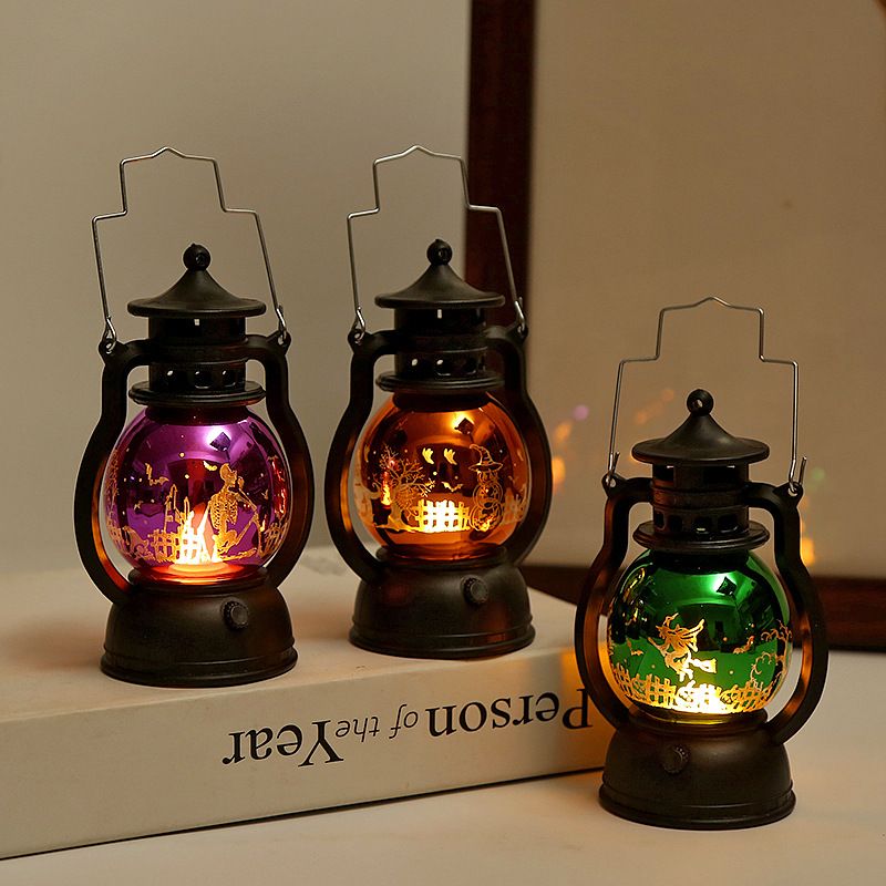 Vintage Halloween Laser Pumpkin Lantern - Witch, Skull & Pumpkin Design, Decorative LED Oil Lamp For Party, Bar & Home Decor_voghion.com
