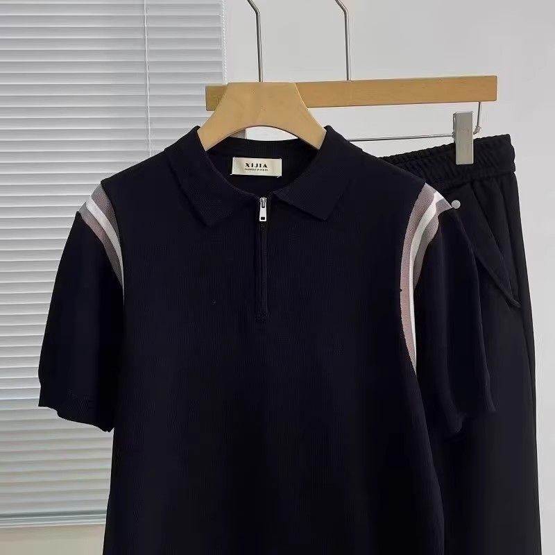 Men's Clothing Half zip Polo Shirt Knitted Short sleeved T shirt Men's Summer New Fashion Contrast Color Splicing Half sleeved Top_voghion.com