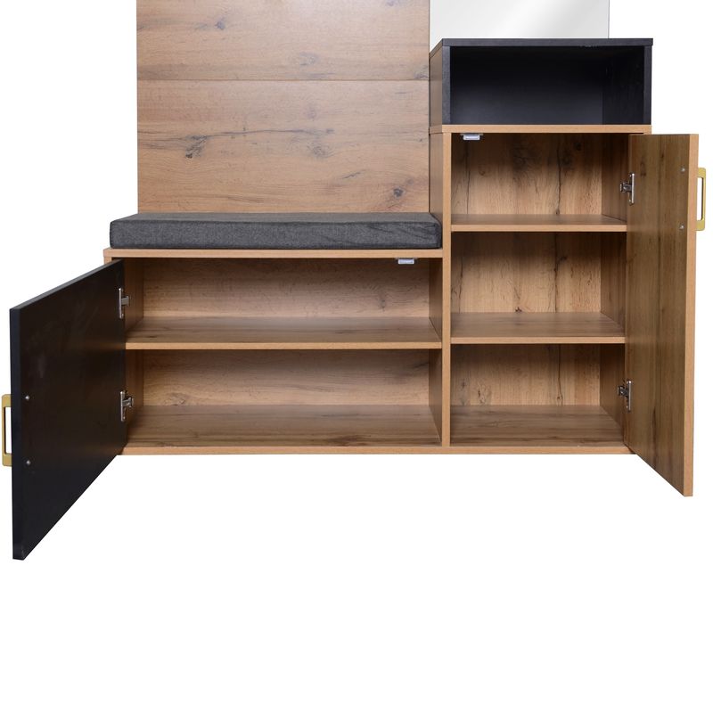 Ensemble garde-robe avec 4 patères, miroir, meuble à chaussures, meuble d'entrée mural avec étagère de rangement supérieure et banquette d'entrée – Installation murale avec perçage nécessaire_voghion.com