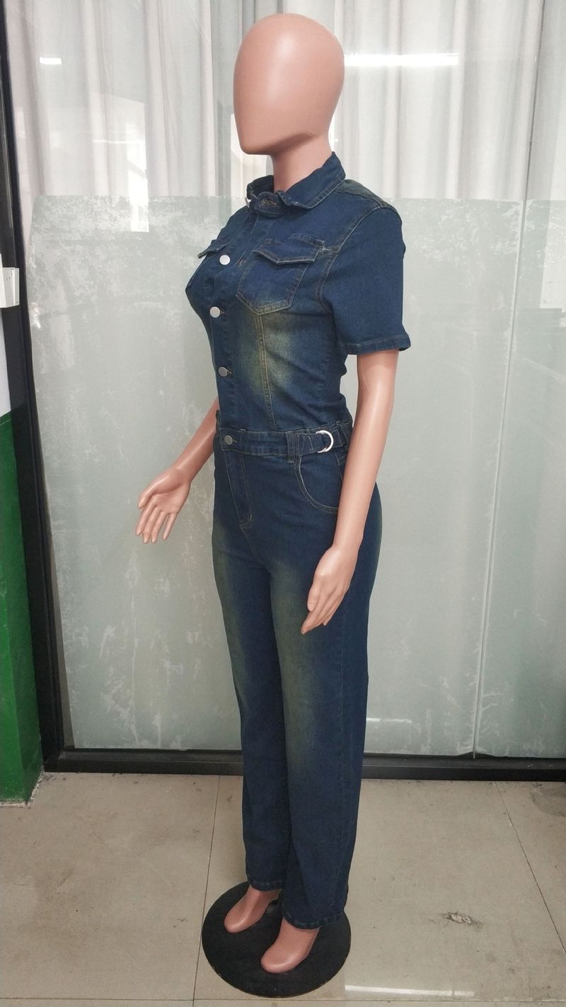 Tight Waist Slim Elastic Washed Denim Jumpsuit Straight Loose Jumpsuit_voghion.com