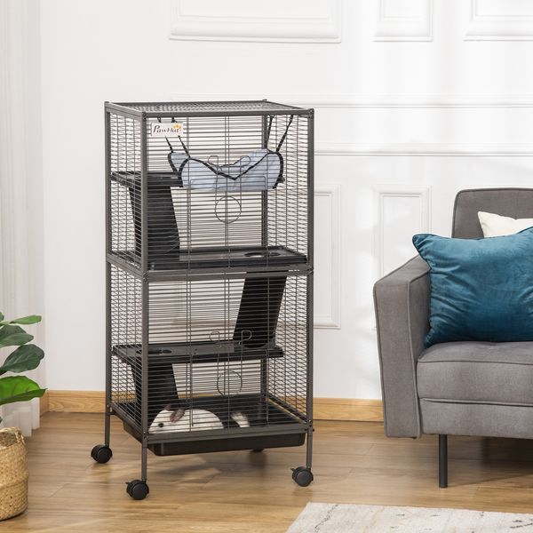 PawHut Large Metal Small Animal Cage With Hammock 4 Tiers & Removable Tray Gray Extra Space For Ferrets Chinchillas_voghion.com