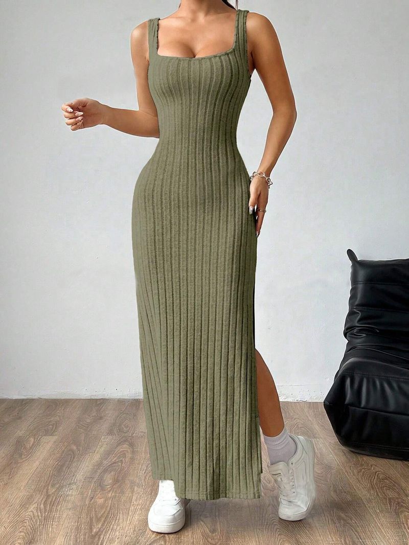Gonna lunga con bretelle da donna, alla moda, senza maniche, aderente, in maglia, a righe verticali_voghion.com